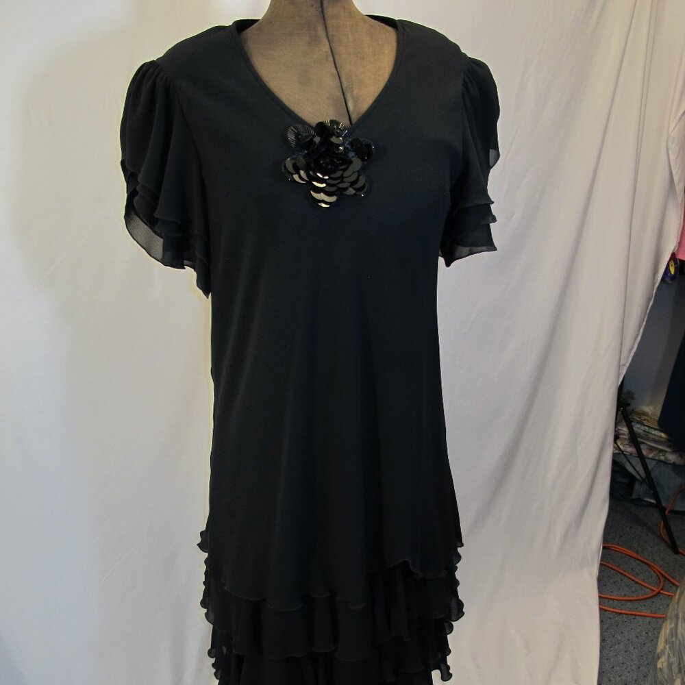 I Magnin/ Ann Hobbs for Cattiva black dress with tiered flounce  16